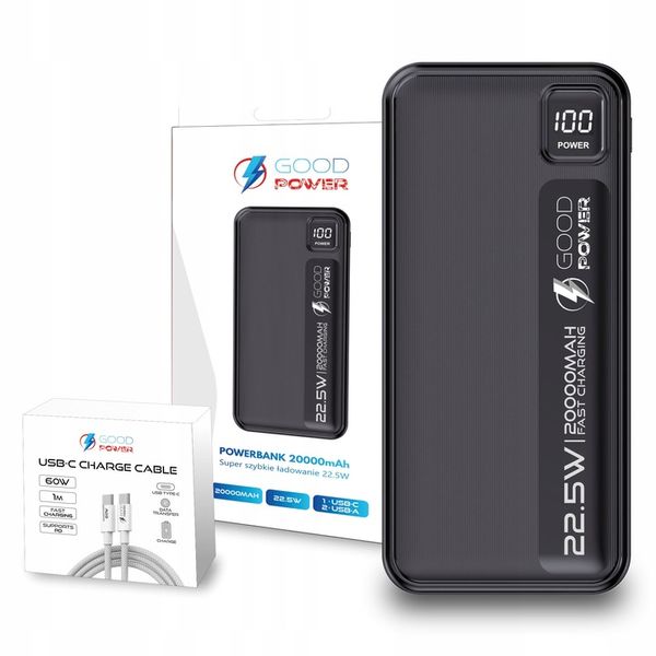 POWERBANK 20000mAh 22,5W DUŻA POJEMNOŚĆ + KABEL USB-C 60W GOODPOWER zdjęcie 1