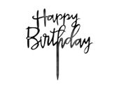 Topper akrylowy na tort, Happy Birthday, czarny, 13.5 cm x 13 cm