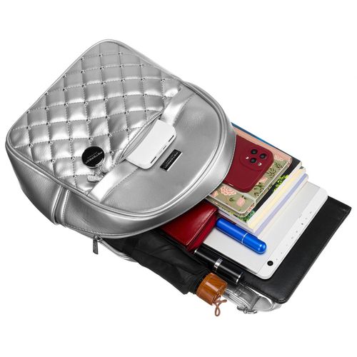 błyszczący srebrny plecak damski zdobiony pikowaniem i nitami eko skóra na Arena.pl