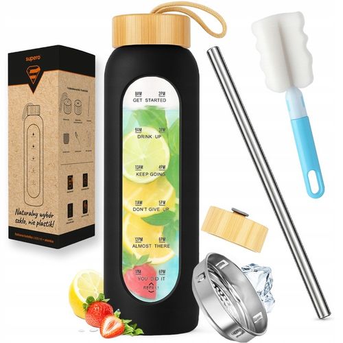 Szklana butelka na wodę motywacyjna z miarką wielorazowa słomka do picia 1L na Arena.pl