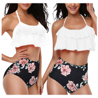 STRÓJ KĄPIELOWY BIKINI Z WYSOKIM STANEM HISZPANKA FALBANKA BIAŁY CZARNY XL