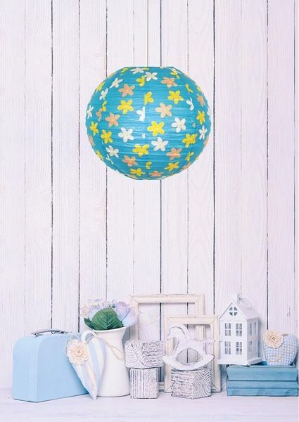 Abażur papierowy-kokon 35 błękitny kwiatki zdjęcie 3