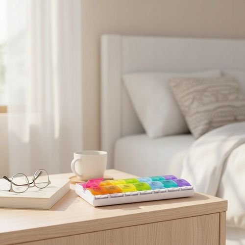 PUDEŁKO NA LEKI 14 POJEMNIKÓW KOLOROWE 7 DNI NAPISY PL na Arena.pl