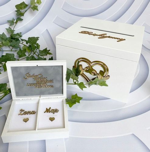 Pudełko na koperty + obrączki białe złote dekory na Arena.pl