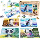 Drewniane Puzzle 4W1 Zwierzęta Układanka Zestaw Krówka Piesek Panda Pingwin