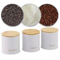 ZESTAW 3 POJEMNIKÓW KAWA HERBATA CUKIER STAL NIERDZEWNA BAMBUSOWE BIAŁE