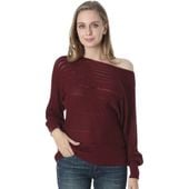 Sweter Damski z Odkrytym Ramieniem Bordowy Miękki Luźny M