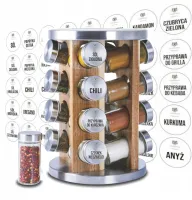 Stojak na przyprawy PRZYPRAWNIK obrotowy + NAKLEJKI drewniany nierdzewny