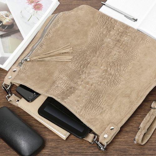 VERA PELLE torebka zamszowa worek kroko z paskiem na ramię V476 c.jeansowa na Arena.pl