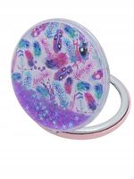 Lusterko kieszonkowe okrągłe podwójne z brokatem piórka 6cm wielokolorowe