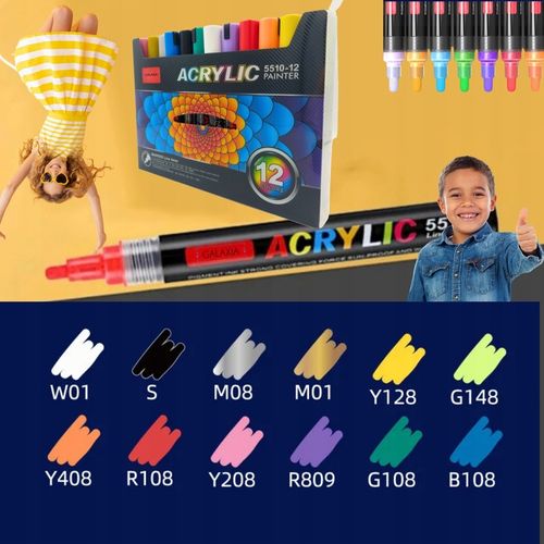 MARKERY AKRYLOWE ZESTAW 12 SZT Pisaki Flamastry Mazaki WODOODPORNE Z FARBĄ na Arena.pl