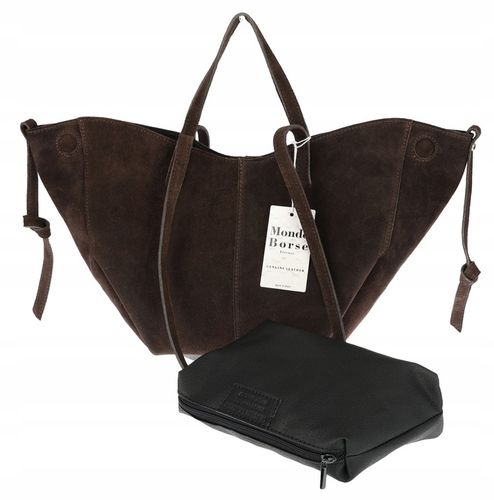 Włoska torebka damska VERA PELLE skórzana zamszowa shopper MB09 Czekoladowa na Arena.pl