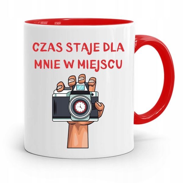 Kubek Czerwony Fotografa Czas Staje W Miejscu Z Nadrukiem Ze Zdjęciem zdjęcie 1