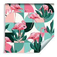 Tapeta Modne Różowe Flamingi i Liście Tropikalne do Sypialni