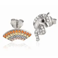 DELIKATNE RODOWANE SREBRNE KOLCZYKI WKRĘTKI TĘCZA JEDNOROŻEC CYRKONIE