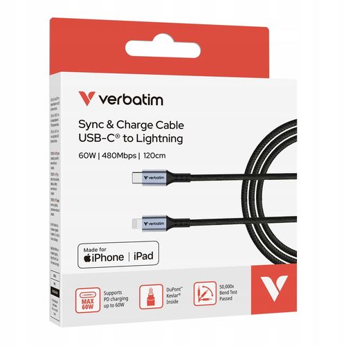 Kabel Verbatim USB-C(M) - Lightning 1,2m, 60W, czarny na Arena.pl