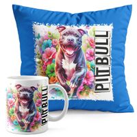 ZESTAW KUBEK + PODUSZKA NIEBIESKA - PIES PSY PIESEK RASA PITBULL
