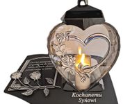 SYN SYNOWI ZNICZ LAMPION NA GRÓB SERCE I SERCE SREBRO SKOS SENTENCJA+ŚWIECA