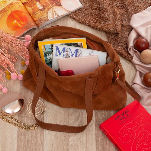 VERA PELLE torebka damska zamszowa shopper z paskiem na ramię V676 brązowa na Arena.pl