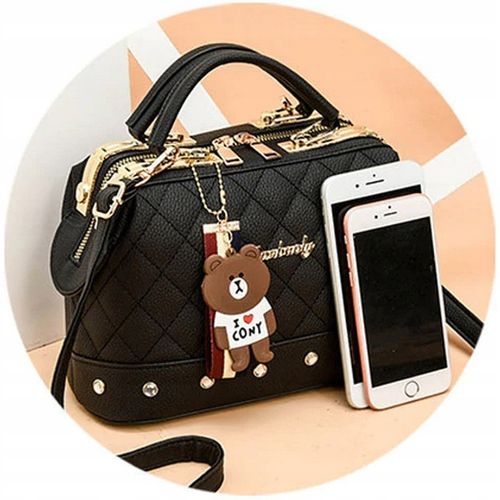 CZARNA TOREBKA Ramię Klasyczna PIKOWANA MIŚ Złote Dodatki Kuferek na Arena.pl