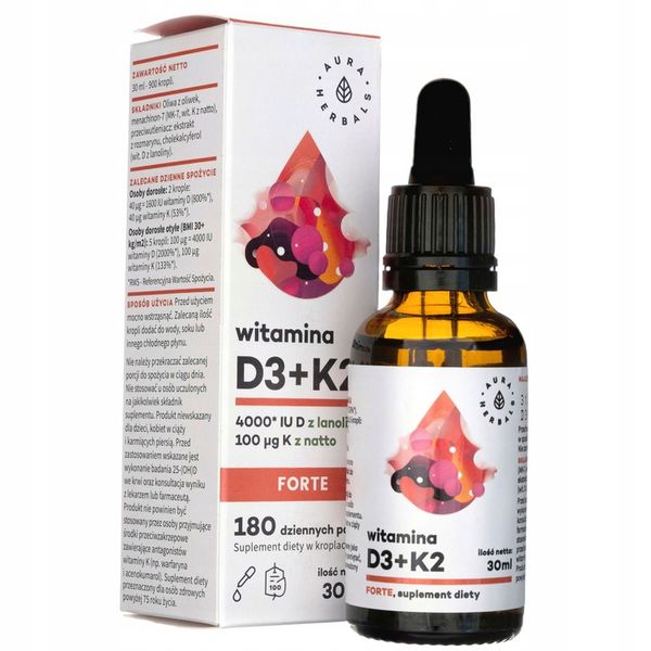 WITAMINA D3 4000 IU FORTE + K2 MK7 100mcg AURA HERBALS W KROPLACH Odporność zdjęcie 8