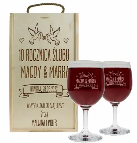 PREZENT NA ROCZNICĘ ŚLUBU SKRZYNKA PUDEŁKO NA WINO + DWA KIELISZKI GRAWER na Arena.pl