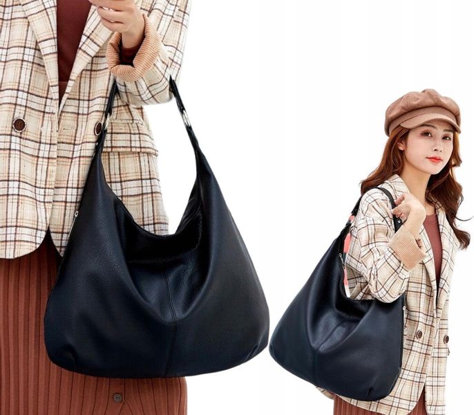 Damska Torebka Skórzana Czarna Worek Pojemna A4 zdjęcie 5