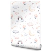 Tapeta Dziecięca W Rolce CHMURKI Gwiazdy Balony Tęcze Akwarela Boho