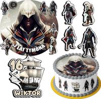 ZESTAW OPŁATEK NA TORT 20CM + 17 POSTACI - ASSASSIN + IMIĘ 15CM 18CM