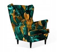 Fotel Uszak zielony złoty kolor liście tropikalnie