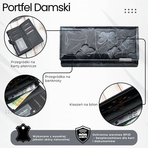 portfel damski skórzany lakierowany ze wzorem w motyle czarny sp-19-bl na Arena.pl