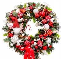 Wianek świąteczny 45cm biało-czerwony ze skrzatem wieniec stroik lampki LED