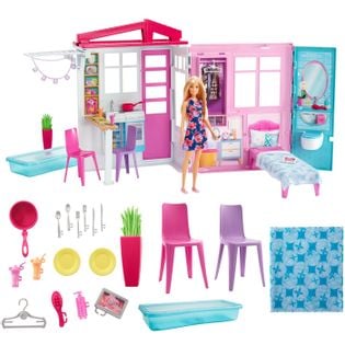 Barbie Przytulny domek dla lalek i mebelki basen + lalka FXG55