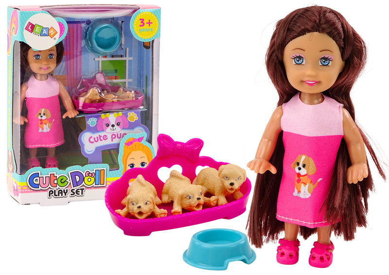 Mini Laleczka Długie Włosy Sukienka Trzy Pieski Legowisko zdjęcie 1