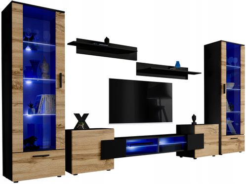 Pan Igiełka Meblościanka Blue LED  Czarny Biały Dąb Wotan 5 Elementów Salon na Arena.pl