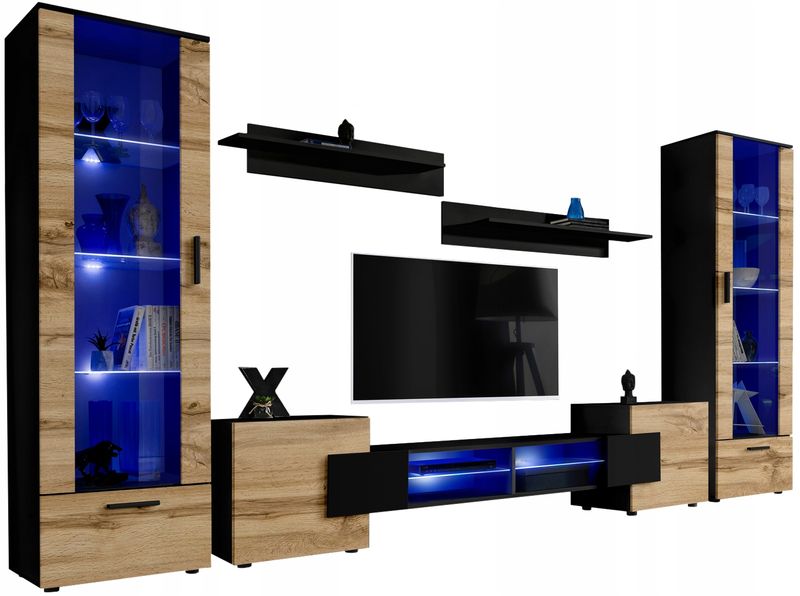 Pan Igiełka Meblościanka Blue LED  Czarny Biały Dąb Wotan 5 Elementów Salon zdjęcie 16