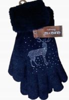Rękawiczki Damskie Ciepłe Zimowe ocieplane futerkiem Cyrkonie granat