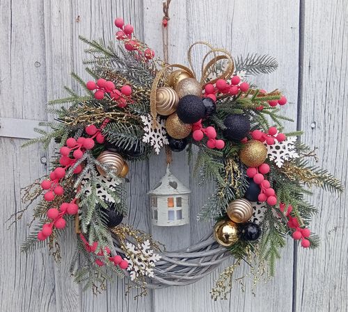 Wianek świąteczny 45 cm z latarenką LED złoto-czarny z akcentem różu na Arena.pl