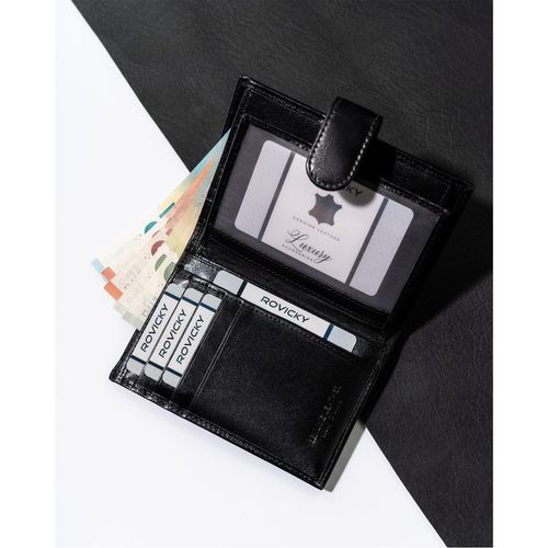 skórzany, czarny portfel męski z zapięciem i systemem rfid - rovicky na Arena.pl