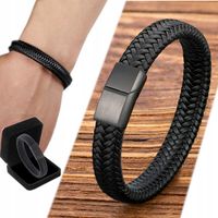 SKÓRZANA BRANSOLETA MĘSKA CZARNA BRANSOLETKA SKÓRA TYTANOWA