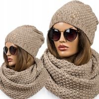 KOMPLET damski CZAPKA + KOMIN ciepły zimowy z wełną brązowy PREMIUM