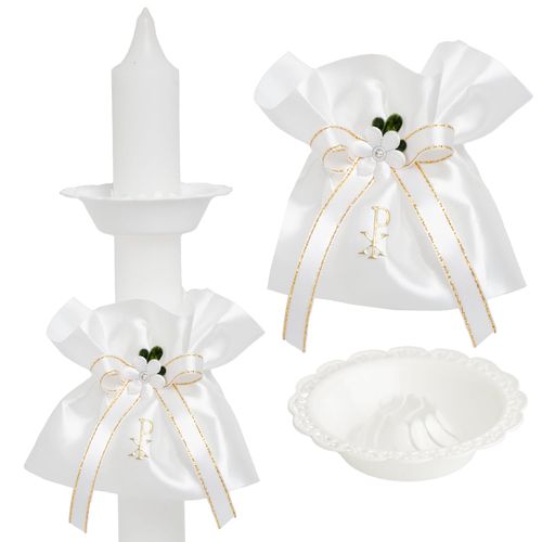 Biały stroik na świece do chrztu, komunii + okapnik SS-05 na Arena.pl