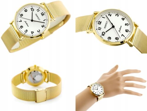 ZEGAREK DAMSKI PERFECT TINA +BOX +GRAWER cyfry bransoletka mesh złoty na Arena.pl