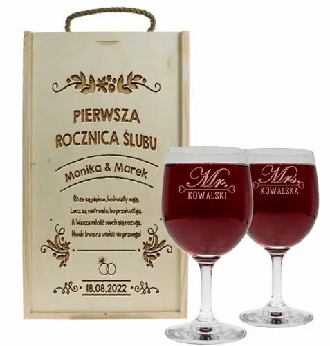 PREZENT NA ROCZNICĘ ŚLUBU SKRZYNKA PUDEŁKO NA WINO + DWA KIELISZKI GRAWER na Arena.pl