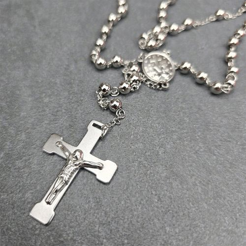 Srebrny Naszyjnik Różaniec z Krzyżem Stal Męski Łańcuszek na Arena.pl