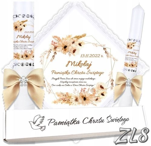 Biała szatka i świeca do chrztu ECO imię i data BOHO gromnica pudełko na Arena.pl