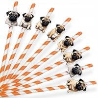 PAPIEROWE SŁOMKI URODZINOWE OZDOBA - PIES PSY RASA MOPS PUG - 8 szt.
