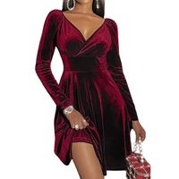 Sukienka damska welurowa midi elegancka wieczorowa bordowa dekolt w V