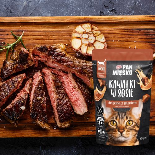 karma mokra dla kota kawałki mięsa cielęcina jeleń pan mięsko 85g bez zbóż na Arena.pl