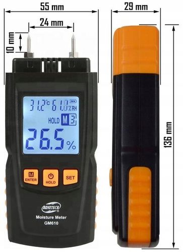 WILGOTNOŚCIOMIERZ MIERNIK WILGOTNOŚCI DO DREWNA 4 GRUPY POMIARU 9V+ BATERIE na Arena.pl